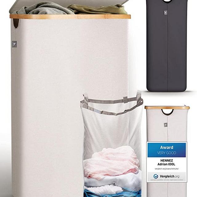 Hennez Laundry Basket With Lid - 100L Large Bamboo Laundry Hamper With Removable Bag - Beige Laundry Bin With Lid - Tall Laundry Hamper With Lid - Dirty Clothes Hamper With Lid for Bathroom, Bedroom