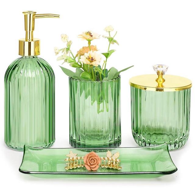 Haturi Bathroom Accessories Set, 4 Pcs Green Glass Bathroom Accessories Sets Complete w/Lotion Soap Dispenser, Toothbrush Holder, Apothecary Jar, Vanity Tray, Bathroom Decor, Gift for Home Apartment