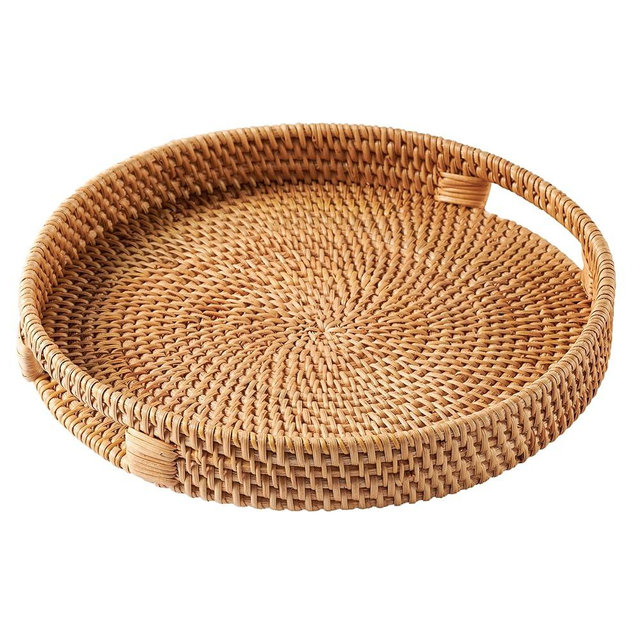 JUNGLE CULTURE Rattan Serving Tray 12" in Natural Honey • Woven Serving Trays with Handles for Home • Round Decorative Circle Table Tray • Boho Wicker Serving Basket for Ottoman, Coffee Table, Couch