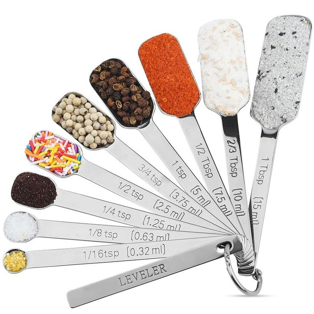 Measuring Spoons: Stainless Steel Narrow Measuring Spoons, Heavy Duty Metal Measuring Spoons with Long Handle and Engraved Measurements Set of 9 Piece, Easily Fits in Spice Jars, for Dry or Liquid