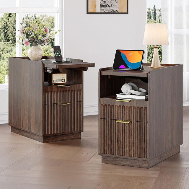 iPormis Fluted End Table Set of 2 with Charging Station, 2 Drawers Narrow Side Table for Living Room, Farmhouse Night Stand with with Open Shelf, Wooden Bedside Table for Bedroom Small Space, Walnut