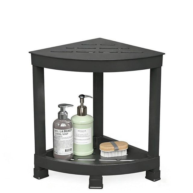 GallopFun Corner Shower Stool for Inside Shower, Waterproof Shower Bench for Shaving Legs, Plastic Anti-Fracture Shower Seat/Foot Rest with Baffle Storage Shelf, Rapid Assembly DIY Shelf (Black)