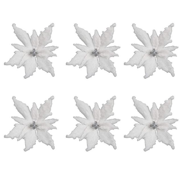 Valery Madelyn 6 Pcs 10 inch Large White Poinsettia Artificial Fluffy Christmas Flowers Tree Ornaments with Clips for Christmas Tree Decorations