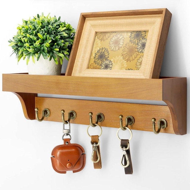 Rebee Vision Decorative Key Holder for Wall with Shelf: Farmhouse Mail Rack with 5 Sturdy Key Hooks for Home Decor, Apartment, Entryway and Hallway (Light Brown)