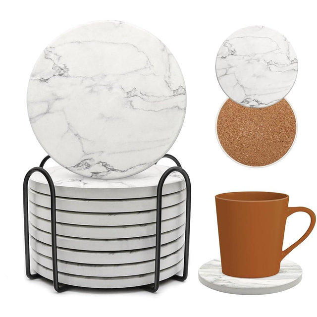 AEE FIRSONE Ceramic Coaster Set of 8, 4 Inch Drink Coasters with Holder, Absorbent Drink Coasters for Dining Table, Round Coasters Set for Drinks, Cup Coaster for Home Decor, Housewarming Gift