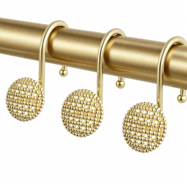 Pearlbee Gold Shower Curtain Hooks, Rustproof Shower Curtain Rings for Bathroom, Metal Shower Hooks for Shower Curtain Rod, Modern Decorative Shower Curtain Hangers Set of 12, Round Heavy Duty Design