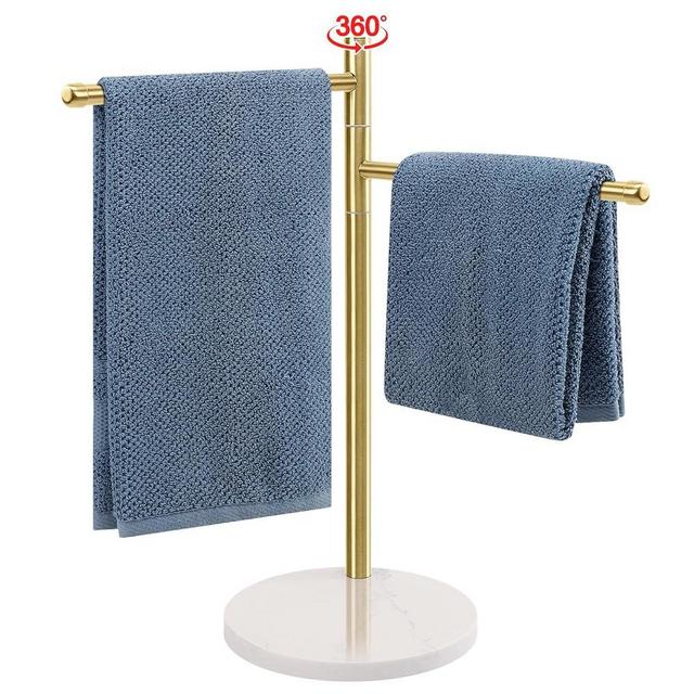 BathAce Hand Towel Holder, F-Shape Hand Towel Stand with Marble Base, Stainless Steel Swivel Hand Towel Rack Bar Standing for Bathroom Kitchen Countertop, 2 Arms (Gold)