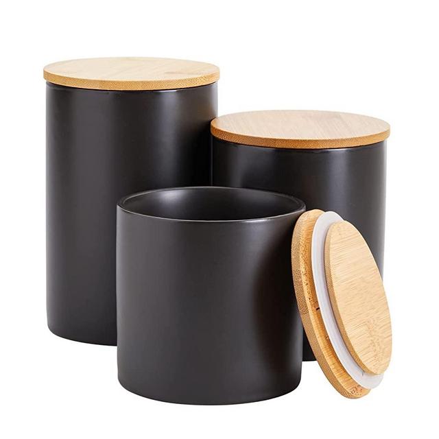 Set of 3 Small Matte Black Ceramic Kitchen Canisters Set with Airtight Bamboo Lids for Coffee and Tea Storage