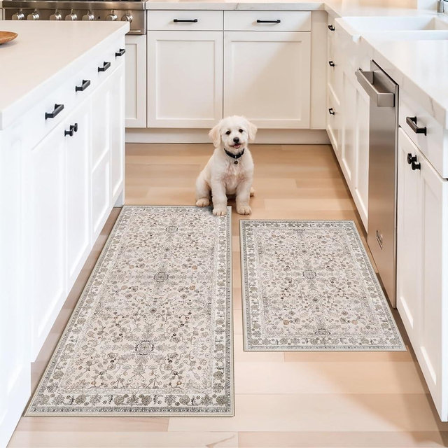 BYYVOO Kitchen Rugs Non-Slip Washable 2 Piece, Modern Boho Low Pile Stain-Resistant Floor Mats Set for Hardwood Floors, Soft Small Decorative Rugs (Beige, 2x3+2x4)