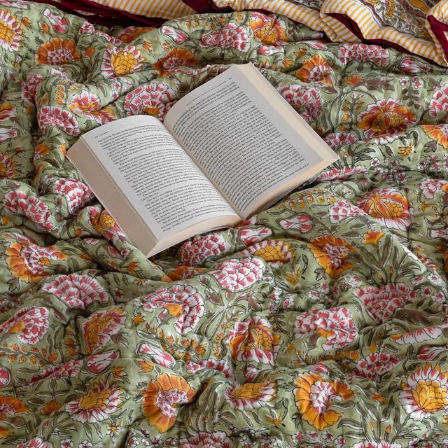 Olive Green, Burnt Orange Handmade Cotton Quilt, Block Printed Jaipuri Razai, Twin Queen King Comforter Set, Reversible Floral Quilt Bedding