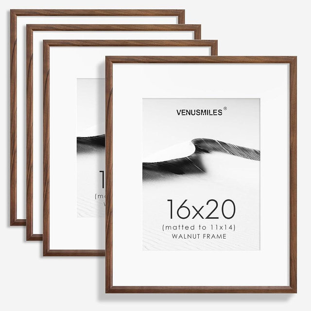 Venusmiles 16x20 Picture Frame Set of 4 Natural Solid Walnut Photo Frames with 11x14 Removable Mat Wall Hanging Large Handcrafted Frame with HD Plexiglass Wall and Tabletop Display Large Poster Frame