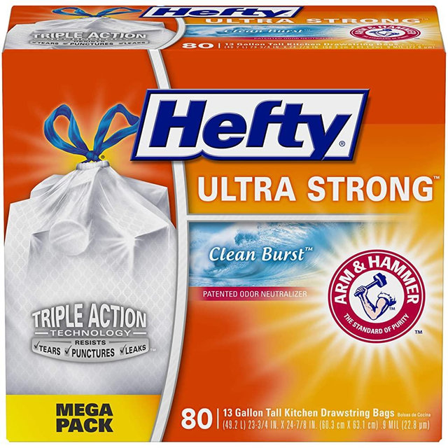 Hefty Ultra Strong Tall Kitchen Trash Bags, Clean Burst Scent, 13 Gallon, 80 Count