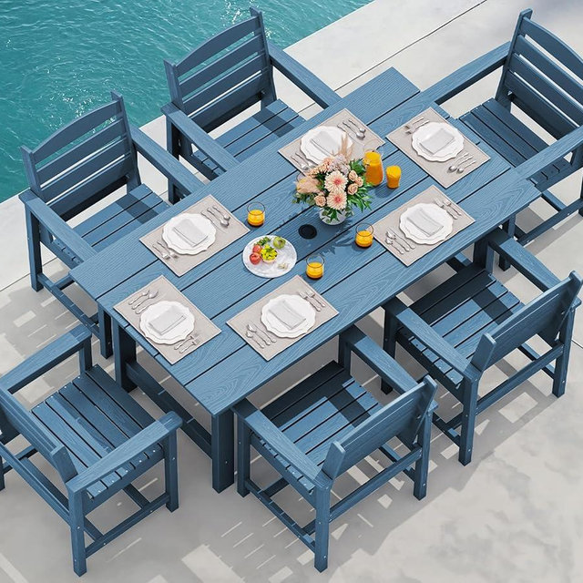 SERWALL 7-Piece Patio Dining Table Sets, Outdoor HDPE Dining Furniture Set with Umbrella Hole Cut-Out Table and 6 Chairs, Blue