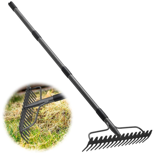 Garden Leaf Rake with 77 Inch Handle, Heavy Duty 17 Inch Wide Metal Garden Lawn Rake for Loosening Soil Raking Leaf Leveling Rocks Spreading Mulch Gravel, Rustproof Metal Bow Rakes Garden Tools