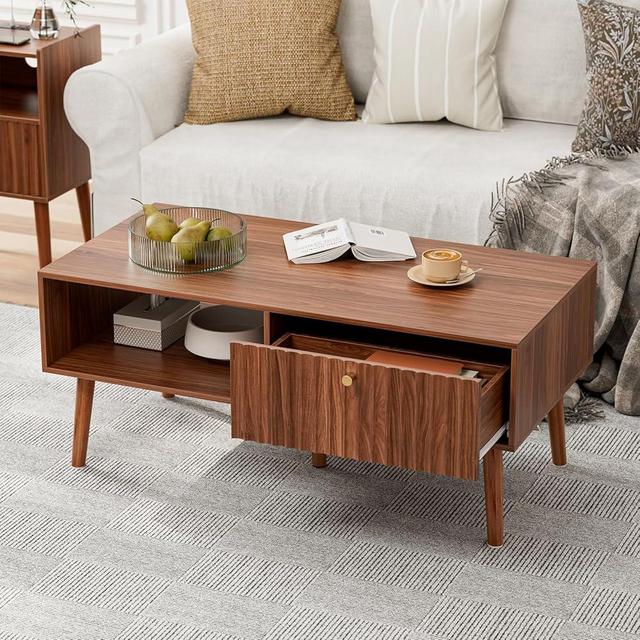 LCRBOL Fluted Coffee Table with Storage, Mid Century Dining Table with Drawer and Solid Wood Legs, Small Coffee Tables for Living Room, Walnut