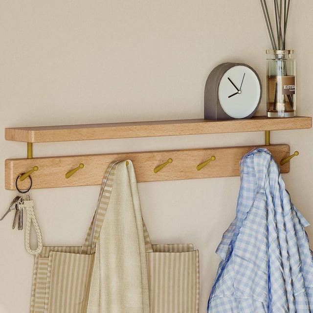 Wayshome Solid Wood Wall Hooks with Shelf, Coat Rack Wall Mount, Entryway Hanging Shelf with 7 Brass Hooks for Hats, Clothes, Towels, Bags, Beech Wood, Natural