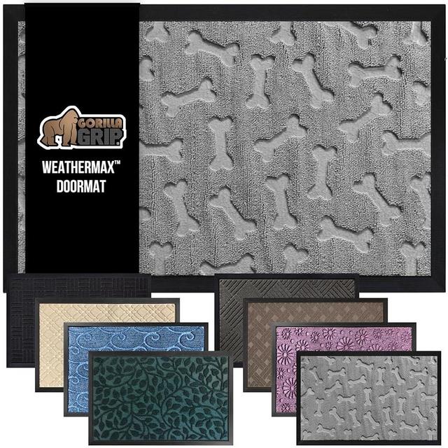 GORILLA GRIP 100% Waterproof All-Season WeatherMax Doormat, Durable Natural Rubber, Stain and Fade Resistant, Low Profile, Indoor Outdoor Door Mats, Easy Clean Entrance Mat, 17x29, Light Gray Bones