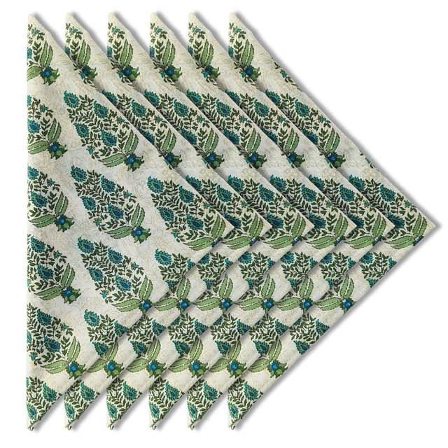 Craftbot Soft Washable Thin Cotton Dinner Napkins 18x18 inches - Set of 6 - Everyday Use or Dinner Party and Events - Beige with Green and Teal Lightweight Indian Block Print Fabric
