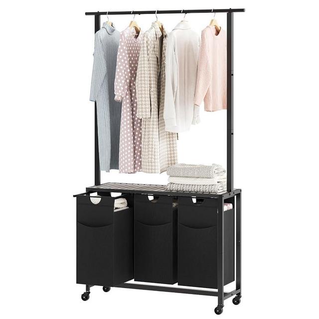YATINEY Laundry Sorter, Laundry Hamper with Hanging Rack, Laundry Sorter 3 Section, Laundry Basket with Wheels, Hampers for Laundry, Laundry Basket Organizer for Laundry Room, Greige and Black LS37BG