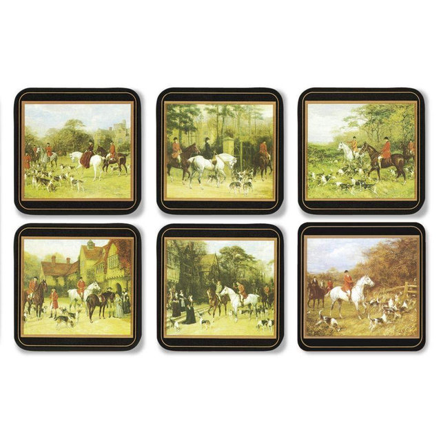 Pimpernel Tally Ho Coasters, Set of 6 Square – 4" Classic Hunting Scene Drink Mats with Black & Gold Borders, Cork-Backed Board, Heat & Stain Resistant Surface for Dining & Coffee Tables