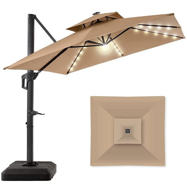 Best Choice Products 10x10ft 2-Tier Square Cantilever Patio Umbrella with Solar LED Lights, Offset Hanging Outdoor Sun Shade for Backyard w/Included Fillable Base, 360 Rotation - Tan