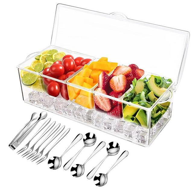 Stainless Steel 5 Spoons, 5 Forks and 1 Clip, Condiment Tray, Condiment Server, Fruit Tray, Salad Tray, with 5 Removable Trays