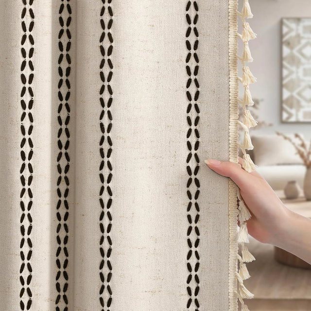 XOGUIBO Beige Boho Blackout Curtains 2 Panels 84 Inch for Living Room Bedroom, Linen Texture Farmhouse Curtains with Tassels and Black Cotton Embroidery Vintage Rustic Western Rod Pocket