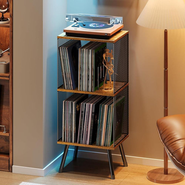 X-cosrack 3-Tier Record Player Stand, Turntable Stand with Storage up to 200 Albums, Corner Vinyl Record Holder with Adjustable Divider, Mid-Century Record Table Vinyl Storage for Bedroom Living Room