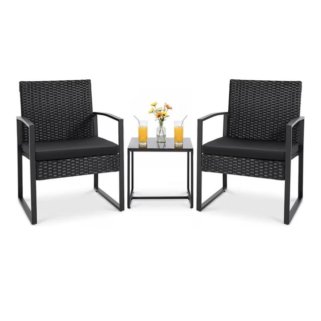 Flamaker 3 Pieces Outdoor Patio Wicker Furniture Set, Modern Rattan Chair Conversation Sets with Coffee Table for Yard and Bistro (Black)