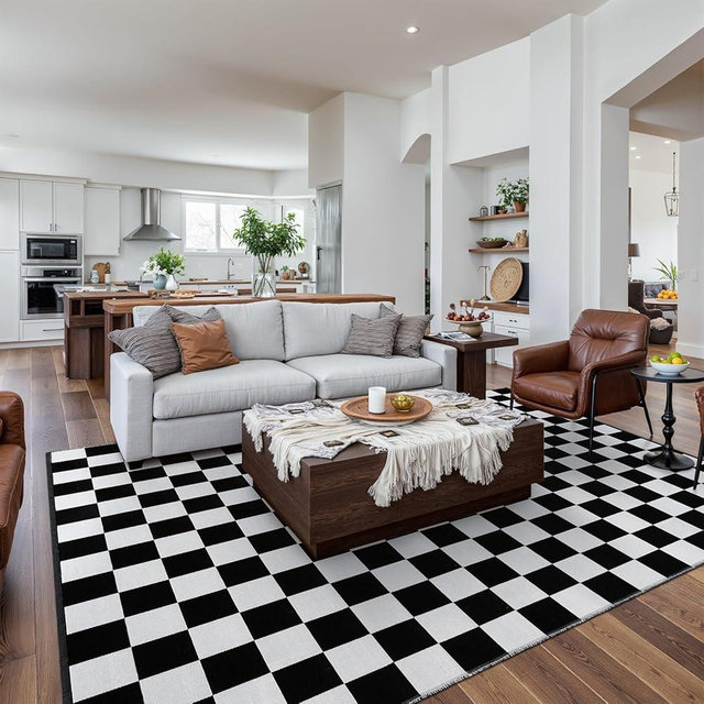 Seavish Checkered Rug, 8x10 Area Rugs for Living Room Large Low-Pile Bedroom Rugs Modern Cotton Woven Black and White Checkerboard Rug Washable Neutral Rug for Dining Room Nursery Office