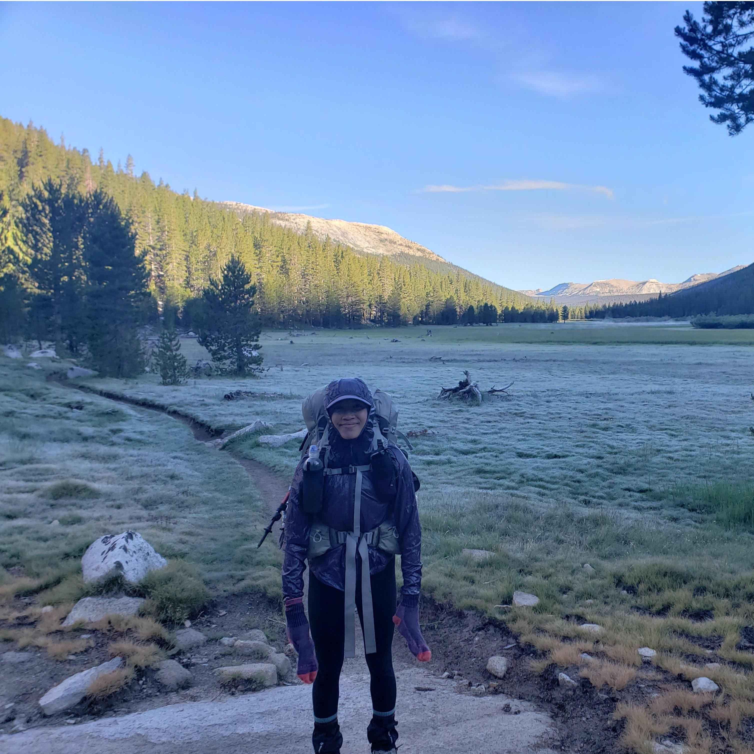 Staying warm on a crisp morning along the JMT.