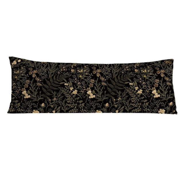 PIUD Moody Floral Botanical 20x54 Body Pillow Cover, Dark Aesthetic Room Decor, Rustic Dark Cottagecore Gold Plants Flower Botanical Decorative Long Body Pillow Cases for Bed Couch