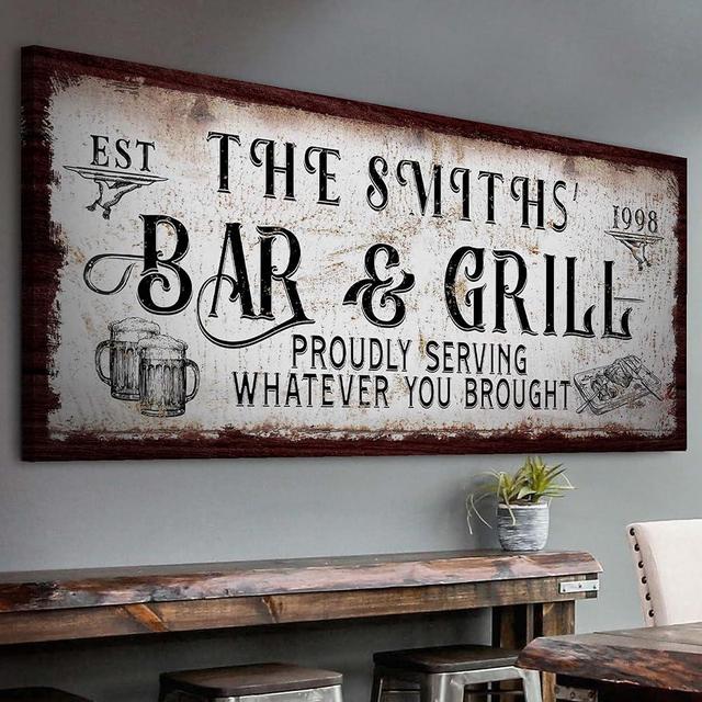 Tailored Canvases Bar Sign Custom Decor - Bar and Grill Proudly Serving Whatever You Brought - Canvas Wall Art Printable Personalized for Man Cave, Kitchen, Pub & Diner - Rustic Beer & Griller, 20x10in
