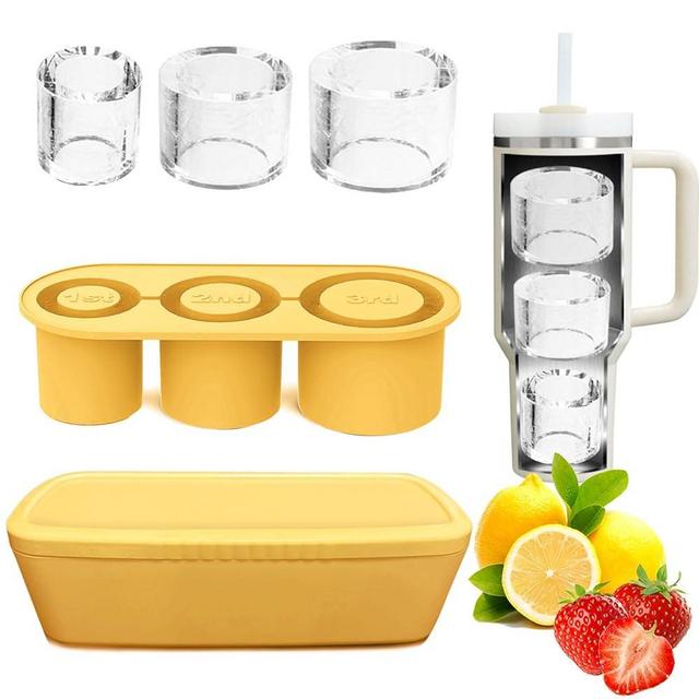 Rhewatin 1pc Tumbler Ice Tray for Stanley/Yeti/Simple Modern etc. 30-40oz Tumblers, Silicone Ice Cube Tray for Tumblers with Bin and Lid, Yellow