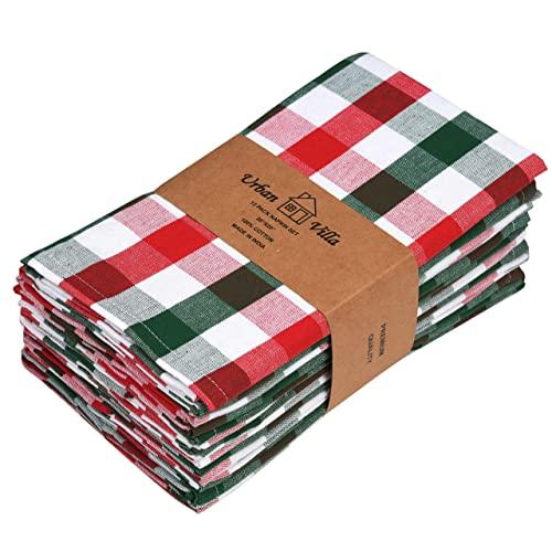 Urban Villa Dinner Napkins, Everyday Use,Premium Quality,100% Cotton, Set of 12, Size 20X20 Inch, Red/green/White Over sized Cloth Napkins with Mitered Corners, Ultra Soft, Durable Hotel Quality