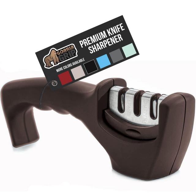 Gorilla Grip Easy to Use Knife Sharpener, 3 Sharpening Options to Help Polish, Sharpen and Repair Kitchen Knives, Restore Dull Blade, Slip Resistant Handle, Durable, Professional Chef Quality, Coffee
