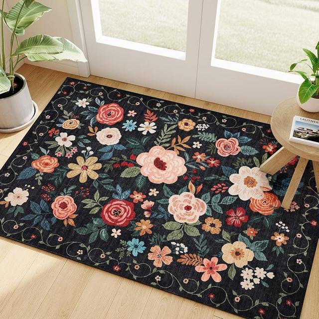 DUKINO 2x3 Rugs for Entryway, Floral Indoor Washable Door Mat, Non Slip Boho Small Rug for Kitchen, Soft Low Pile, Front Door Throw Rug for Entrance, Bedroom, Kitchen, Laundry, Bathroom, Black