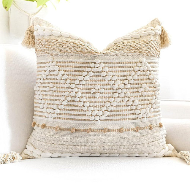 BlissBlush Cream White Boho Throw Pillow Cover 20X20, Boho Woven Textured Pillow Cover, Neutral Pillow Cover, Sofa Couch Bed Farmhouse Lumbar Pillow (Cover ONLY)
