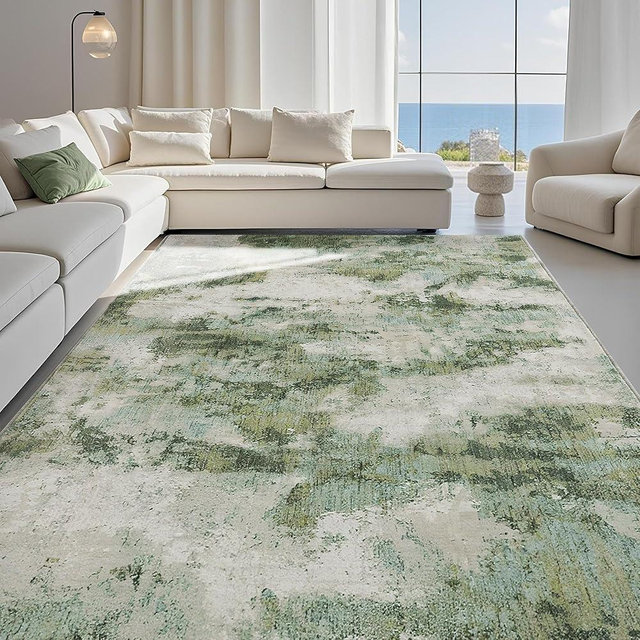 Carvapet 9x12 Large Green Rugs for Living Room Bedroom Dorm, Washable Sage Green Modern Abstract Low Pile Carpet with Rubber Backing, Foldable, Non Slip Thin Area Rug