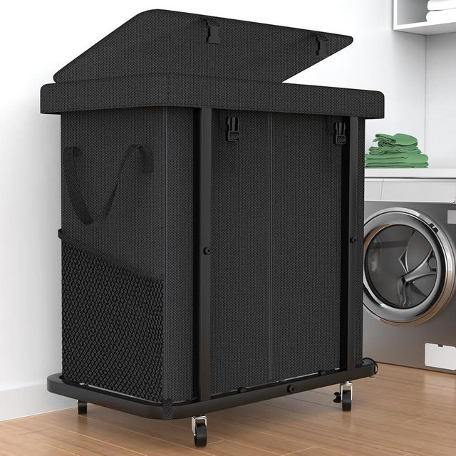 50 Gal(190L) High Grade Large Laundry Basket with Wheels, Rolling Laundry Hamper, Laundry Cart with Metal Frame and Removable Bag Design, Suitable for Laundry Room, Bedroom (Black, 2 Section 190L)