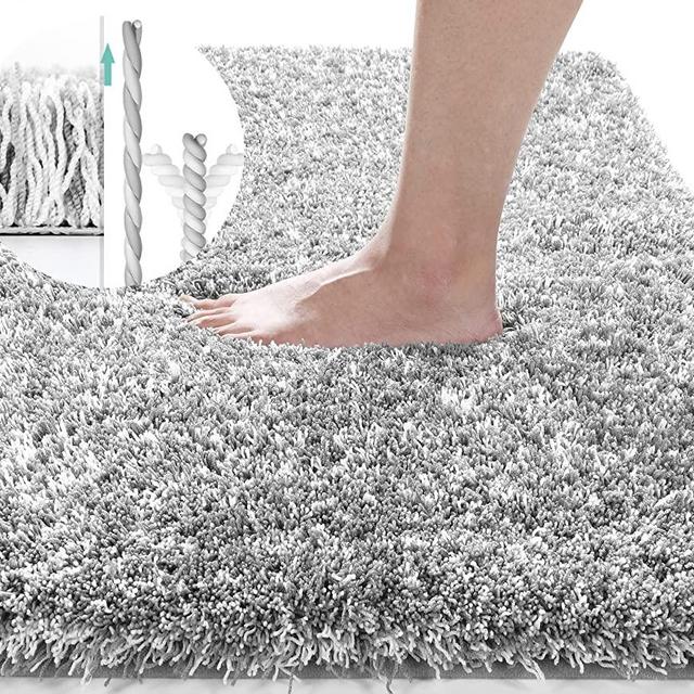 Yimobra Fluffy Plush Bath Rug, Super Shaggy Soft Comfortable Non Slip, Water Absorbent Microfiber Bath Mat, Dries Quickly, Machine Washable Thick Bathroom Floor Rugs for Shower, 17"x 24", Light Gray