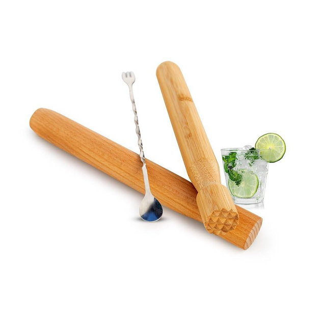 Drink Muddler for Cocktails (2 10" Muddlers w/Long Cocktail Spoon) Bamboo Grooved & Beechwood Flat Headed Wooden Muddler for Home Bar Accesories