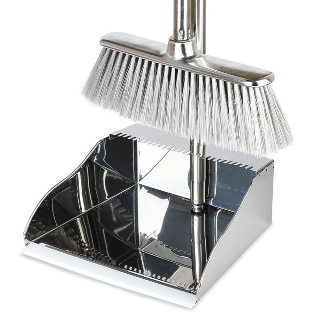 Broom and Dustpan Set,Soft Bristles Indoor Kitchen Broom with Stainless Steel Dustpan ，Metal Dust Pan，Silvery White, Suitable for Ceramic Tiles, Solid Wood, Composite Flooring