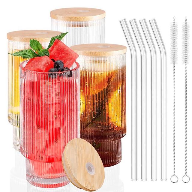 AKONEGE Ribbed Glassware Drinking Glasses with Lid and Straws, 12oz Ribbed Glass Cups Vintage Fluted Glassware Set of 4, Iced Coffee Cup, Coffee Bar Accessories for Whiskey Cocktail Beer Coffee Tea