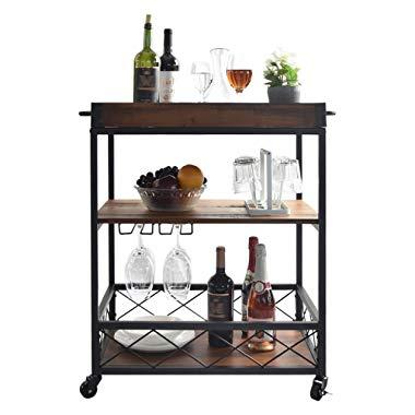 CharaVector Solid Wood Kitchen cart with 3 - Tier Shelves, Practical Industrial Kitchen Bar&Serving Cart, Glass Bottle Holder and Handle Racks, Rolling Kitchen Cart Removable Top Box Container, Brown