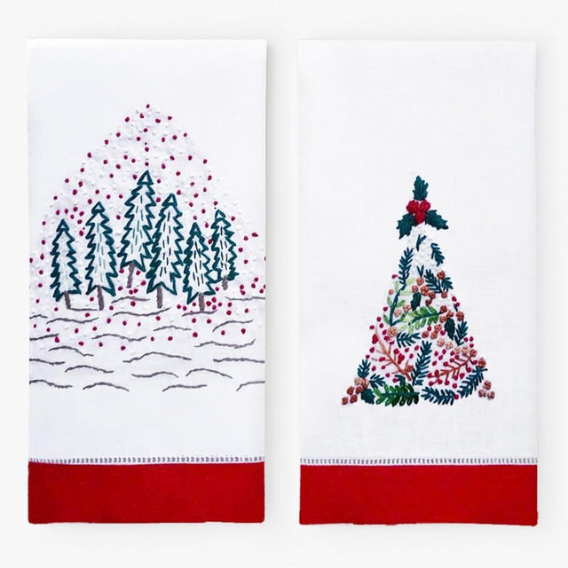EmbroideryLinen.VN Hand Towels Set of 2, 17x22 inch, 100% Linen, Embroidered French Knot Christmas Pattern, Machine Washable, Decorative Towels for Bathroom & Kitchen, Gift-Ready (Christmas Tree)