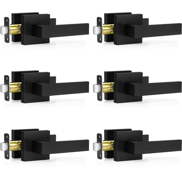 Plustool 6 Pack Matte Black Door Handles, Passage Door Levers for Hallway & Closet, Interior Keyless Door Knobs Heavy Duty Square Non-Locking Handlesets, Reversible for Left & Right Sided Doors