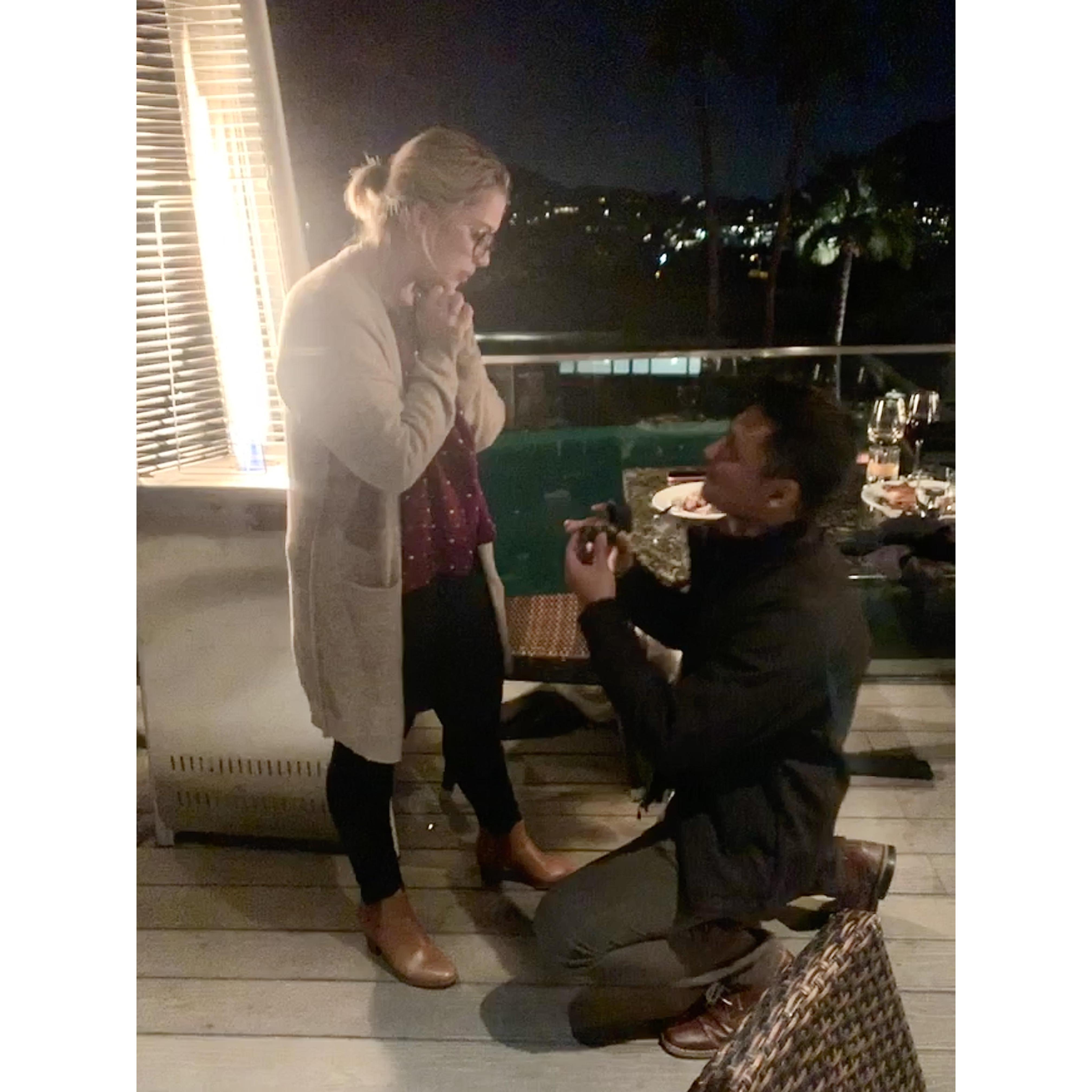 The big moment! Sandeep proposed to me on Valentines Day 2020. I still wonder if it was planned or not! They sat us at the same table we had for our first date here.