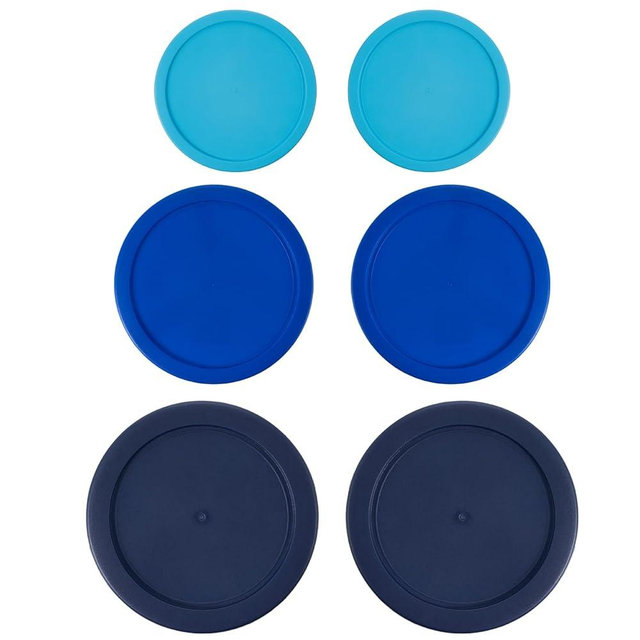 Replacement Lids for Pyrex Containers Round Glass Food Plastic - (2) 2-Cup Light Blue, (2) 4-Cup Blue, (2) 7-Cup Navy - BPA-Free, Dishwasher & Microwave Safe