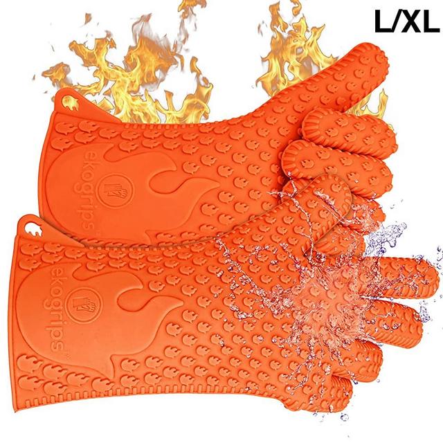 Jolly Green Products Ekogrips Premium BBQ Oven Gloves | Heat Resistant Grill Gloves | Insulated Silicone Oven Mitts for Grilling | Waterproof | Forearm Protection | (L/XL, Orange)